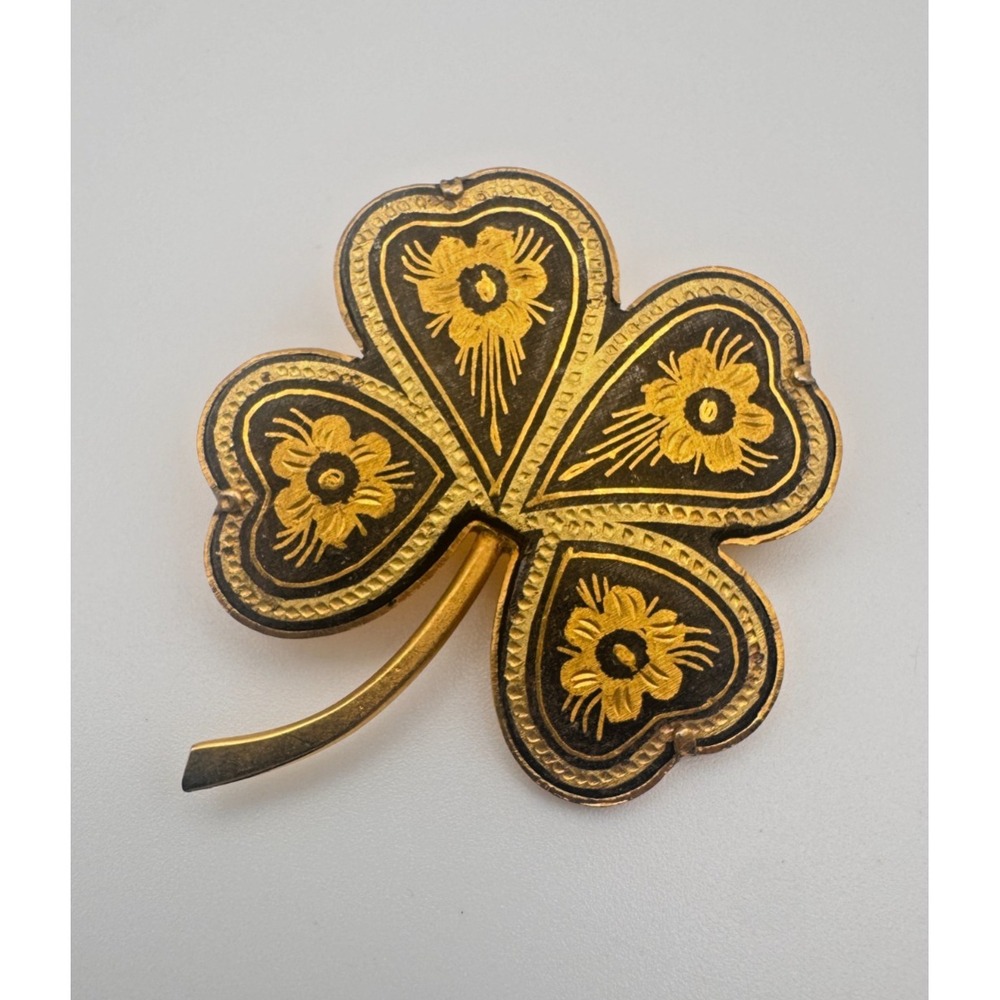 Vintage Damascene Brooch Toledo Spanish Shamrock Pin Clover Spain